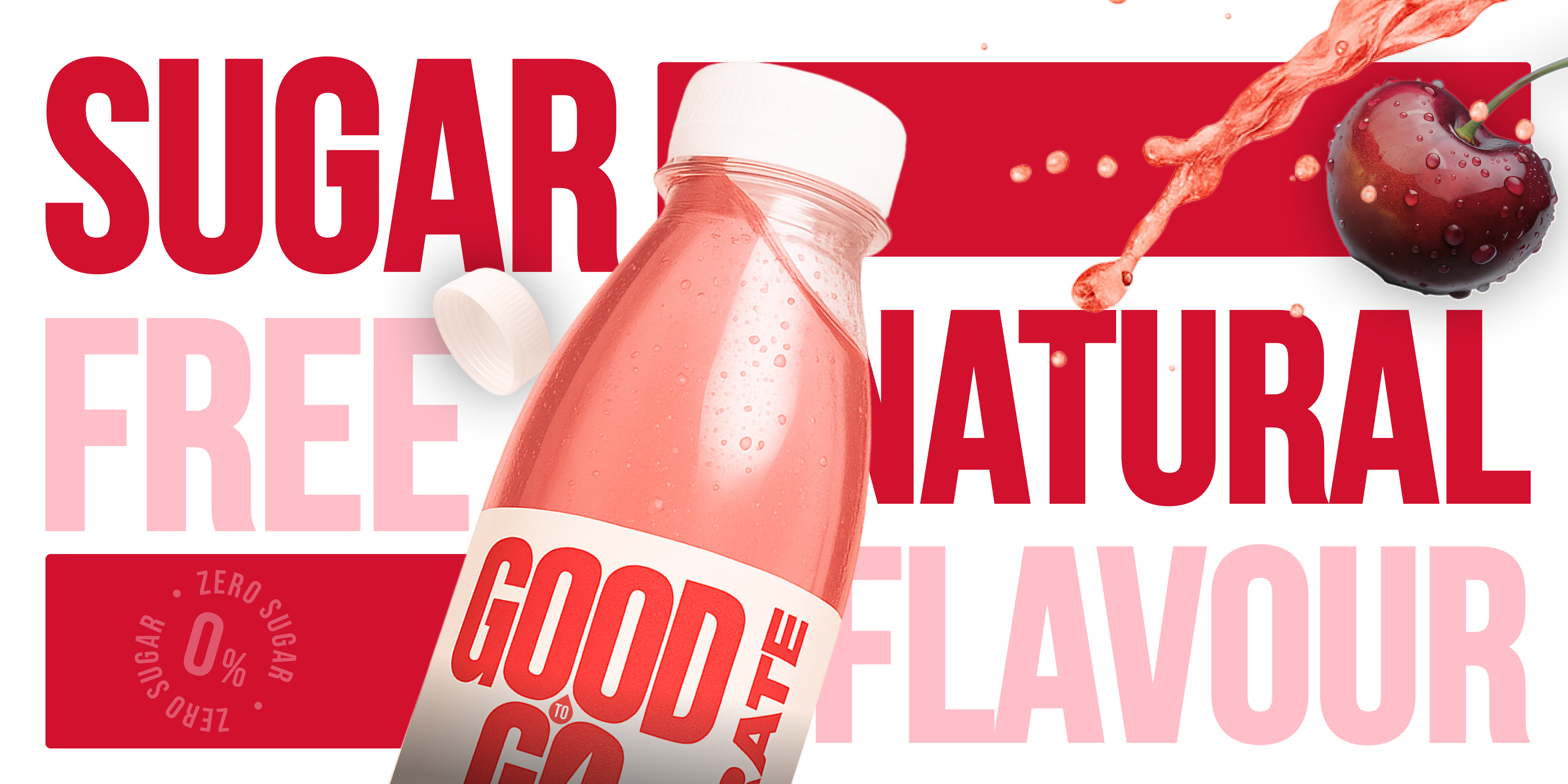 Good To Go Cherry flavor sports drink banner with text reading Sugar Free and Natural Flavour.