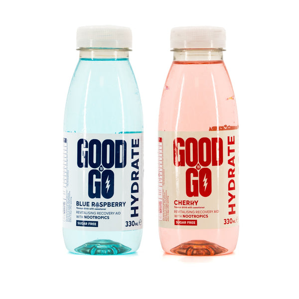 Good To Go Hydrate Cherry and Blue Raspberry bottles – front view