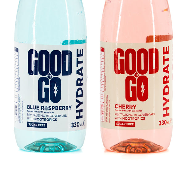 Good To Go Hydrate Cherry and Blue Raspberry bottles – close front view