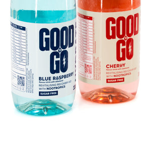 Good To Go Hydrate Cherry and Blue Raspberry bottles – label detail