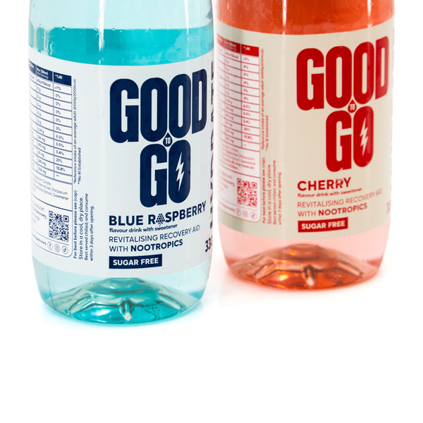 Good To Go Hydrate Cherry and Blue Raspberry bottles – label detail
