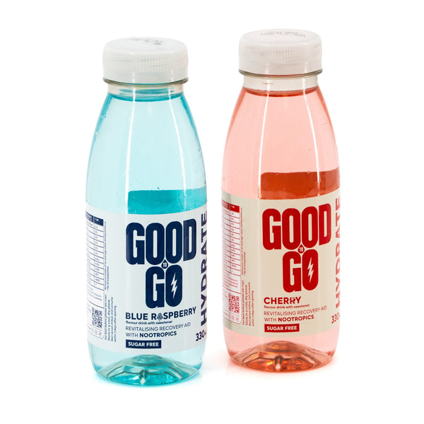 Good To Go Hydrate Cherry and Blue Raspberry bottles – full product view