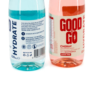 Good To Go Hydrate Cherry and Blue Raspberry bottles – side and rear labels