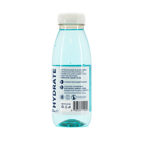 Good To Go Hydrate Blue Raspberry 330ml bottle – rear three-quarter view